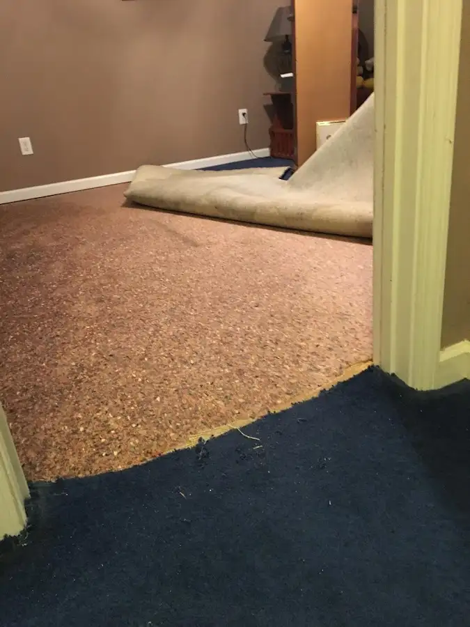 Carpet pad removal revealing water damage during Water Mitigation Services in West Athens